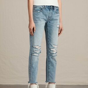 All Saints Muse Destroyed Jeans, Medium Wash, Frayed Hem Size 25